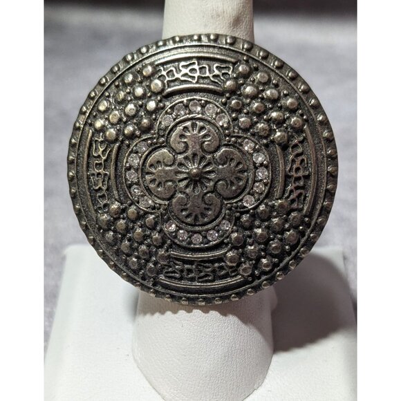 Grace Adele Floral Brutalist Shield Silver Tone Stretch Statement Ring - Picture 6 of 10